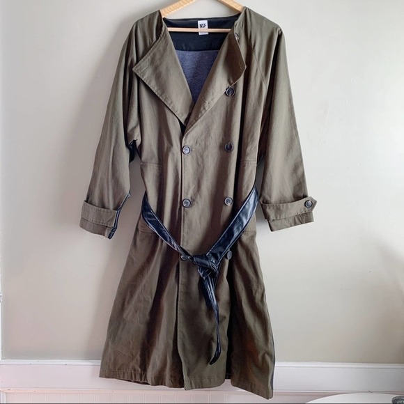 NWT NSF Gladys Contrast Belted Trench Coat Faux Leather Back in Olive Green Sz 2 - Picture 2 of 14
